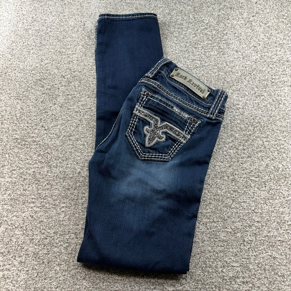 Women's Rock Revival Dark Wash Blue Chile Easy Skinny Embellished Jeans Sz 29x33